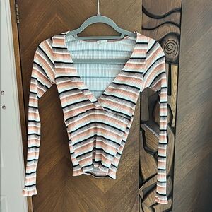 Billabong Multicolor Striped V-Neck Long Sleeve Top